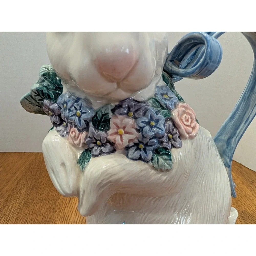 Fitz and Floyd Flora Ceramic Rabbit 1qt Pitcher 1993 Blue Bow Handle